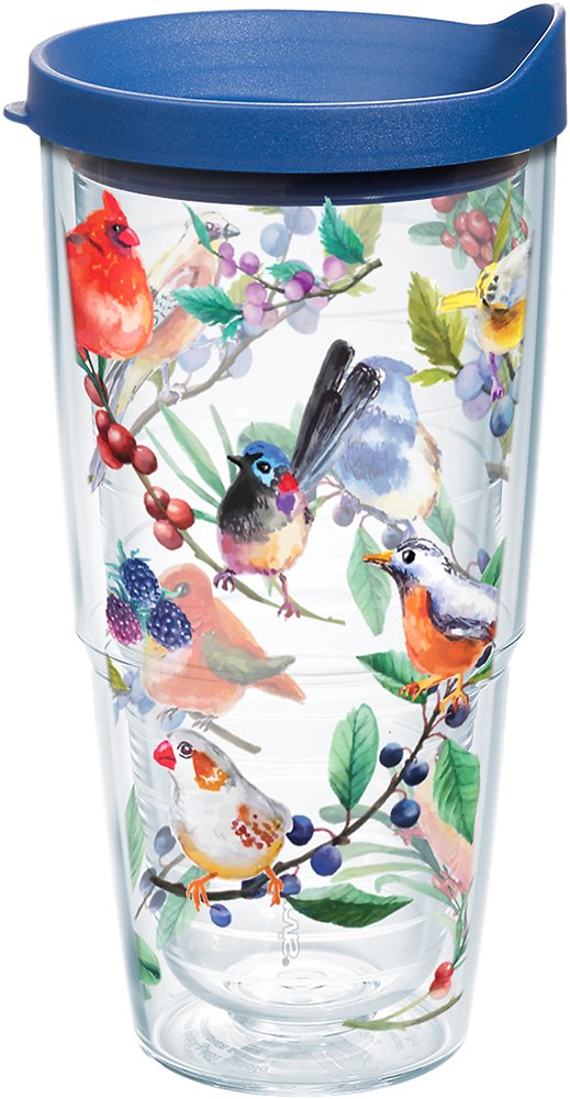 Tervis Watercolor Songbirds front view shows a stylish 24oz tumbler that keeps drinks cold