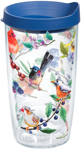 Tervis Watercolor Songbirds tumbler front view shows double-wall insulation for temperature control