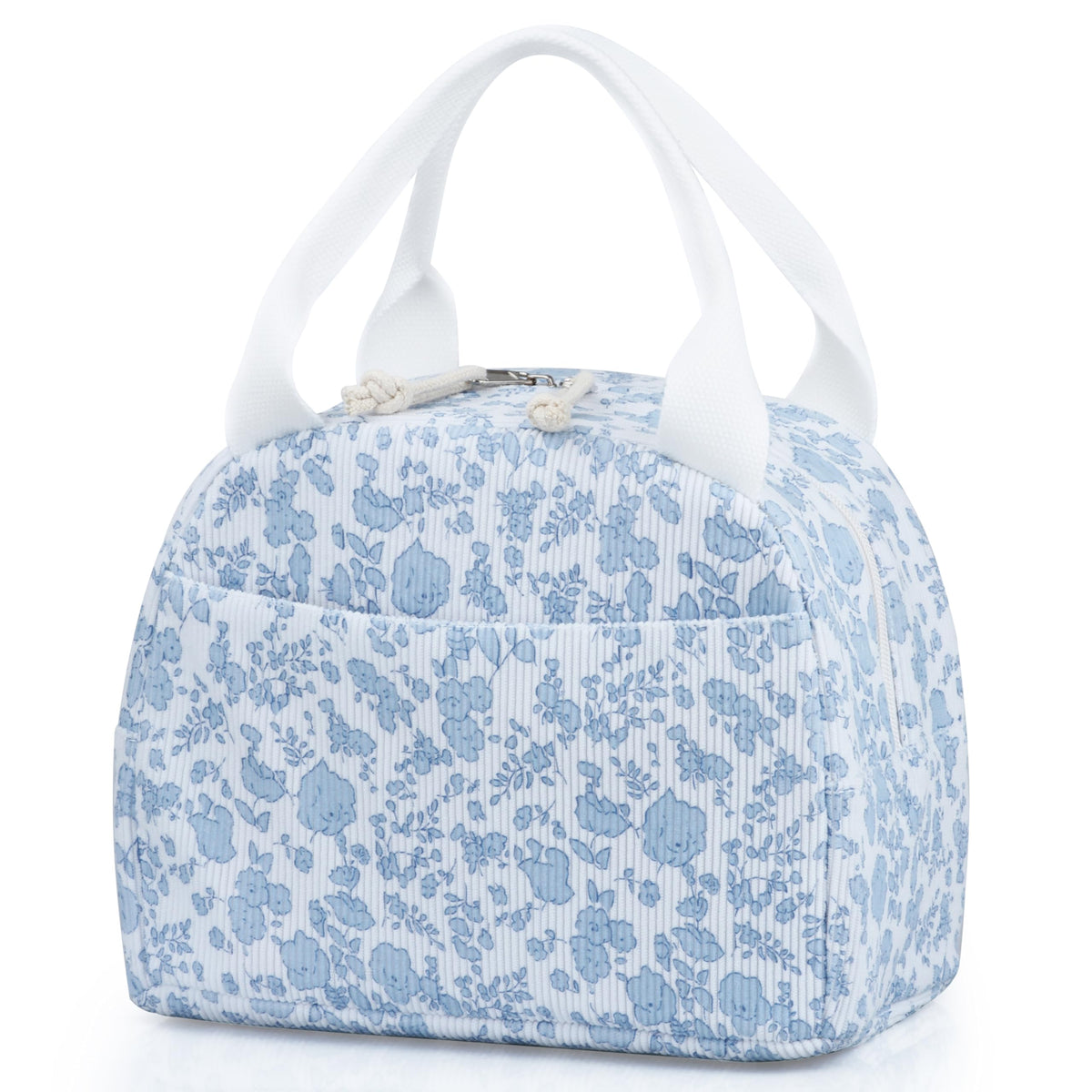 TESAFNG lunch bag front view in corduroy blue with floral print for meal organization