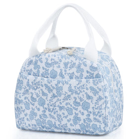 TESAFNG lunch bag front view in corduroy blue with floral print for meal organization