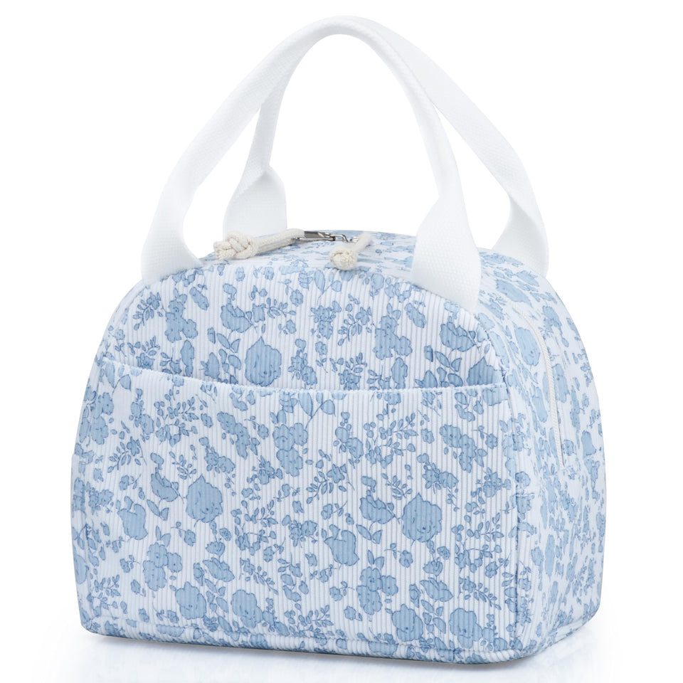 TESAFNG lunch bag front view in corduroy blue with floral print for meal organization