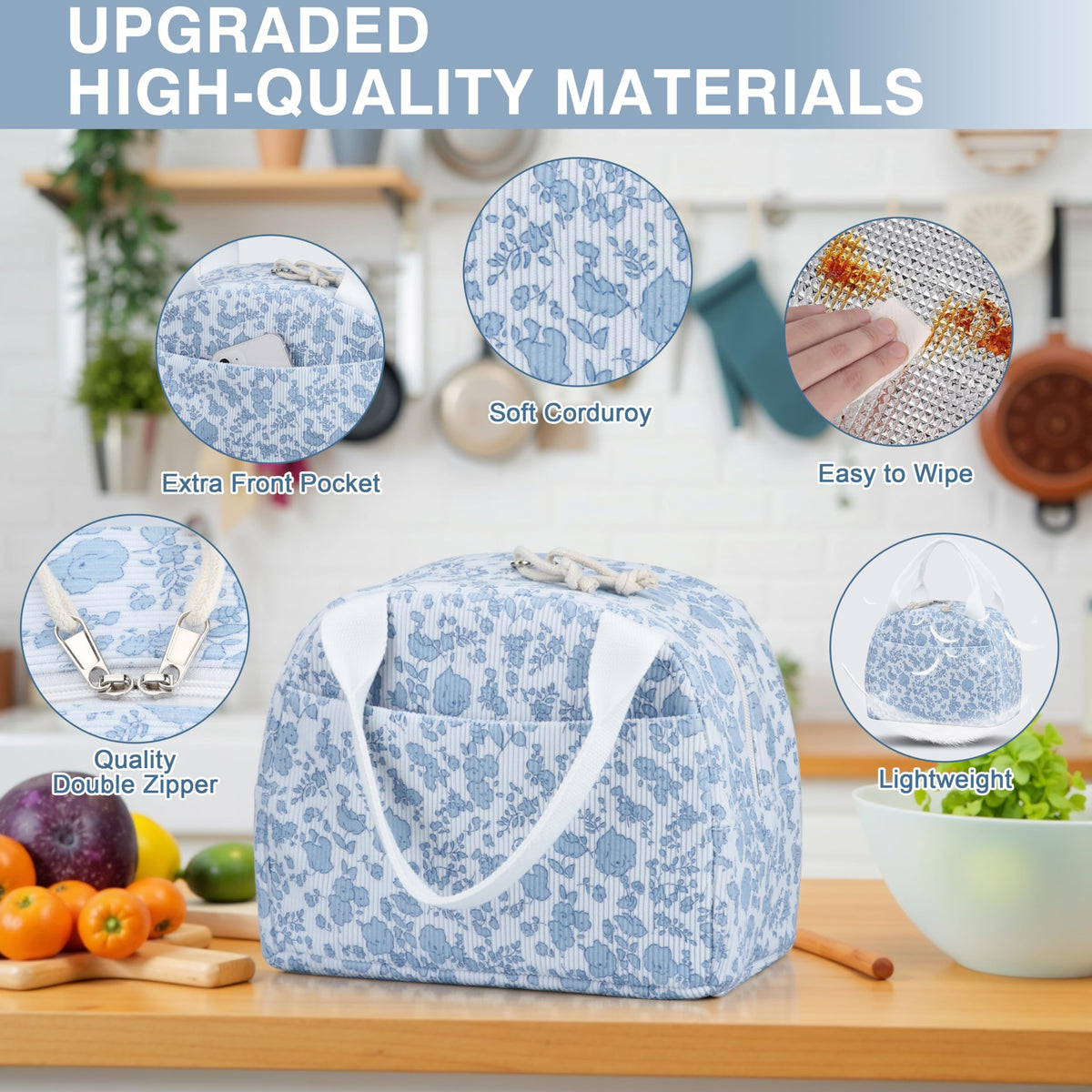 TESAFNG corduroy blue lunch tote open lid reveals insulated lining