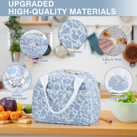 TESAFNG corduroy blue lunch tote open lid reveals insulated lining