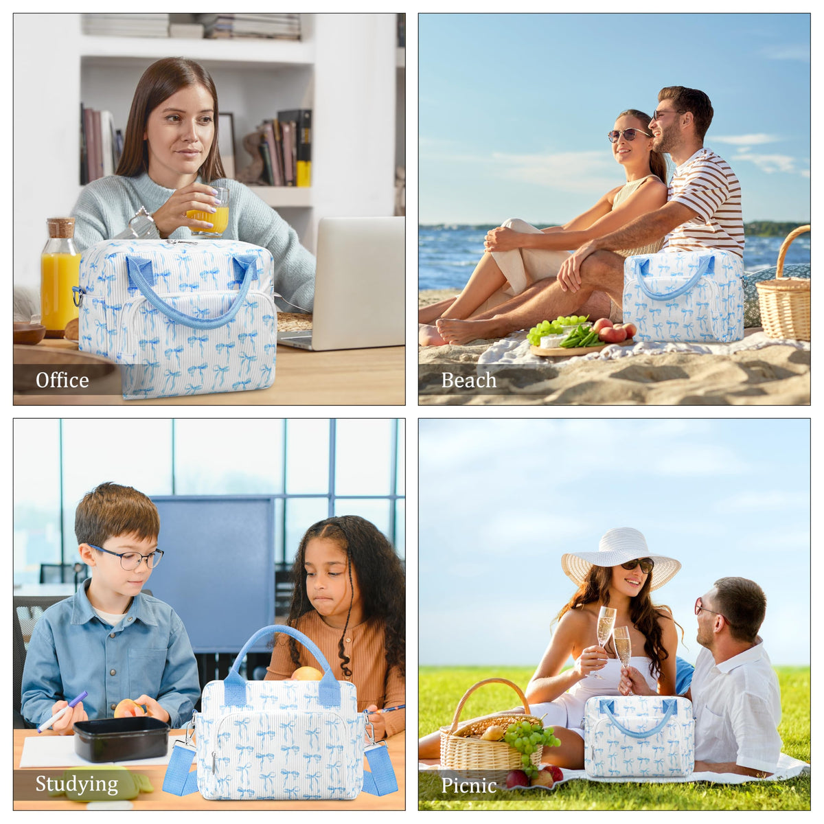 TESAFNG blue bow lunch bag ready for work, picnic, or travel.
