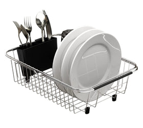 TESOT over-sink dish rack shows adjustable height for a custom fit.