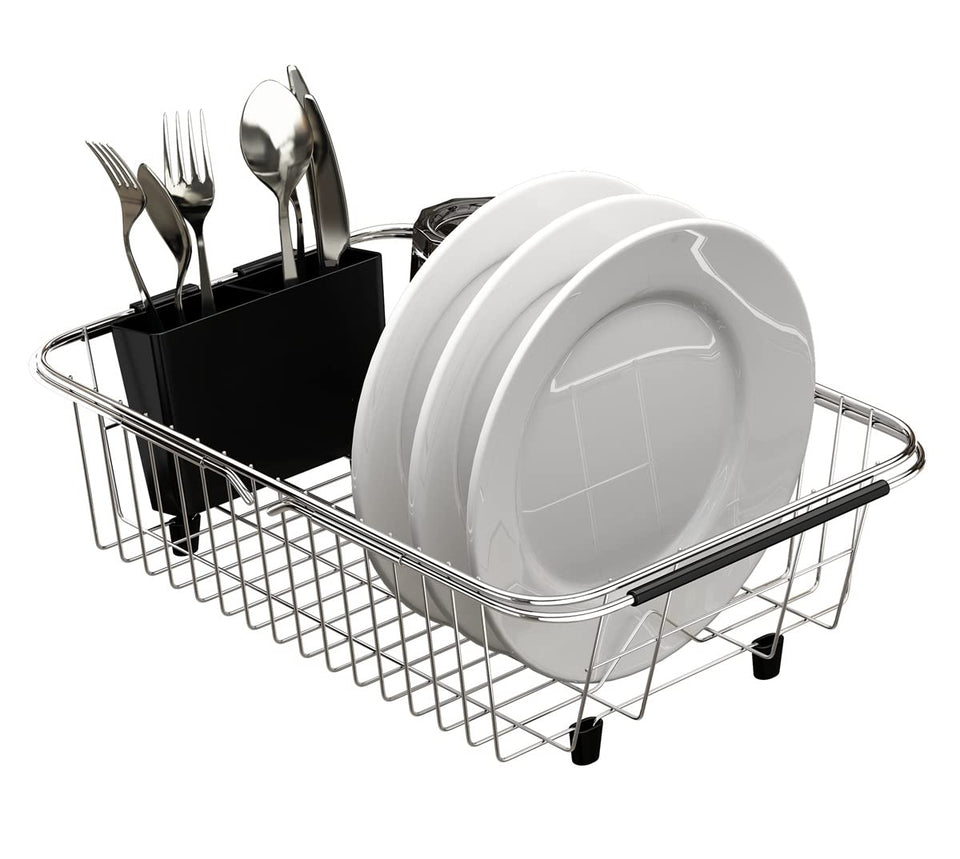 TESOT over-sink dish rack shows adjustable height for a custom fit.
