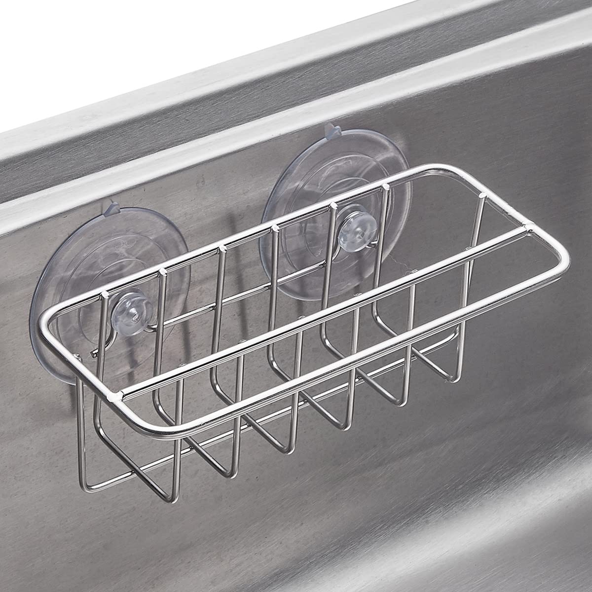 TESOT Sink Caddy with suction cups holds securely on smooth surfaces for easy setup.