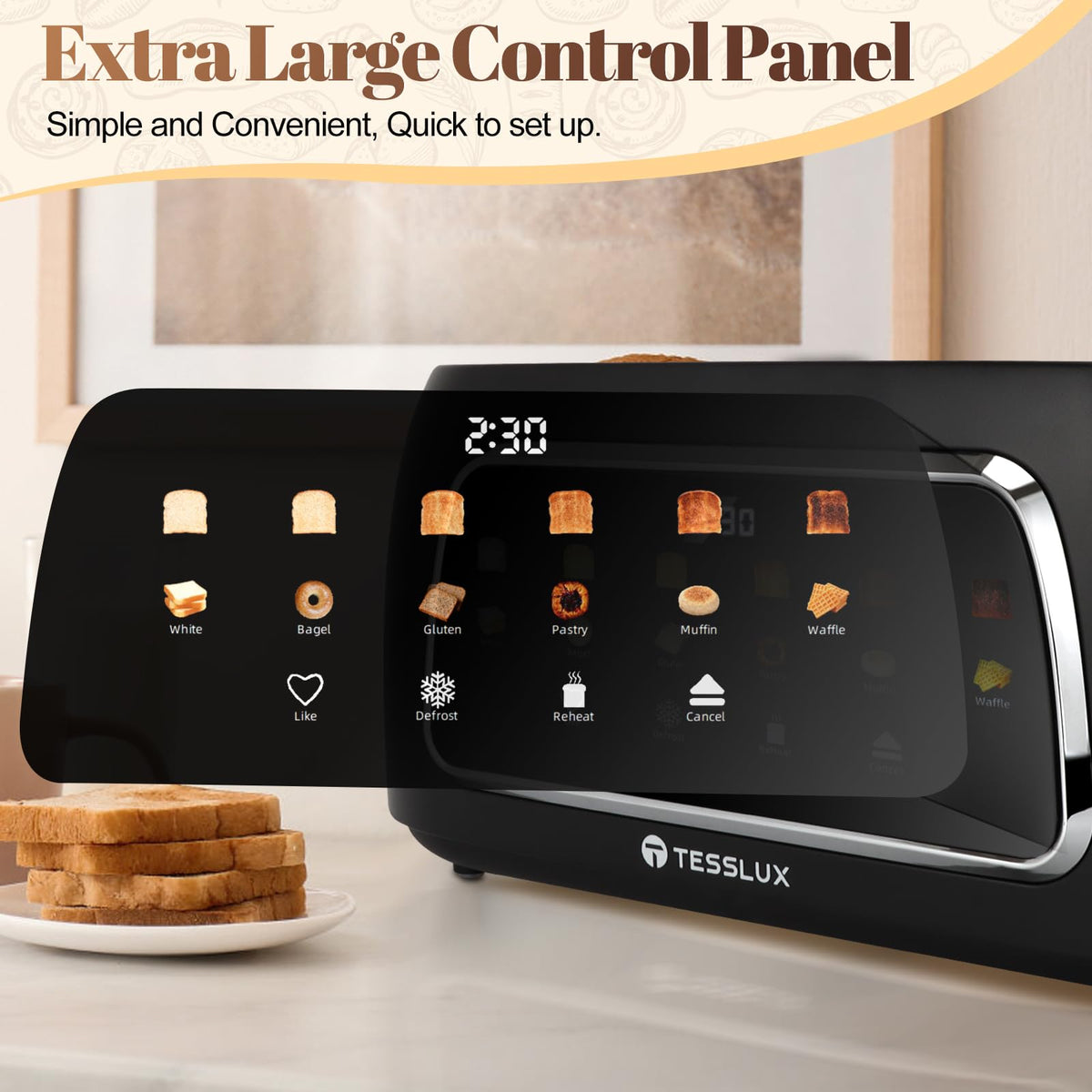 Tesslux toaster with 1.5 inch wide slots in black for thick bread