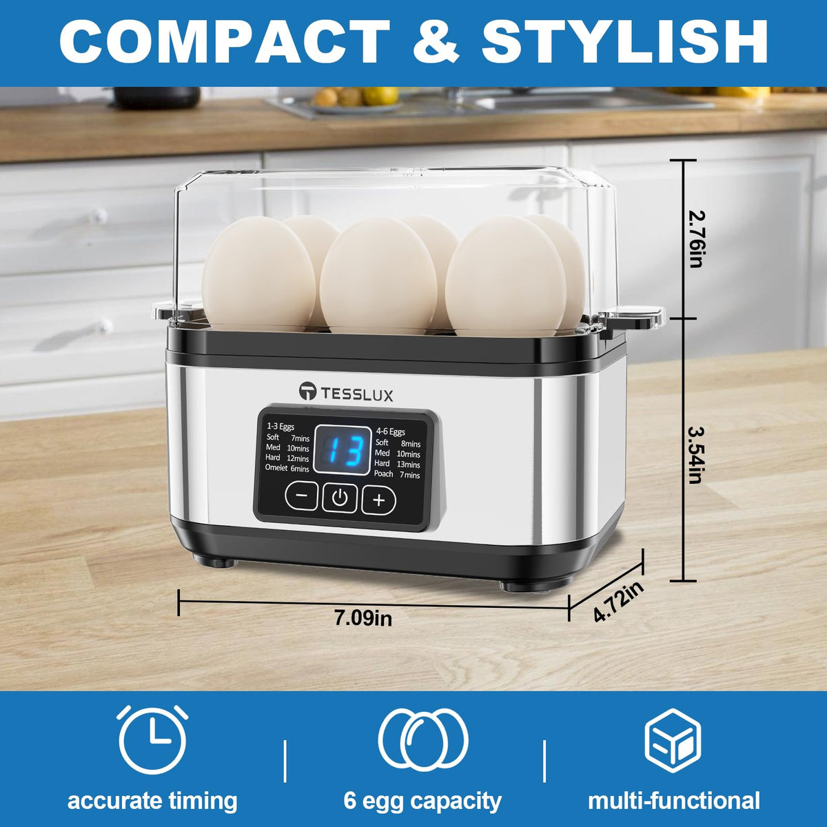 Tesslux egg cooker digital display controls for precise timing and modes.