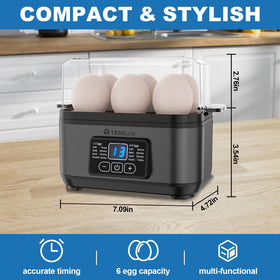 Tesslux egg cooker with digital display for precise timer control.