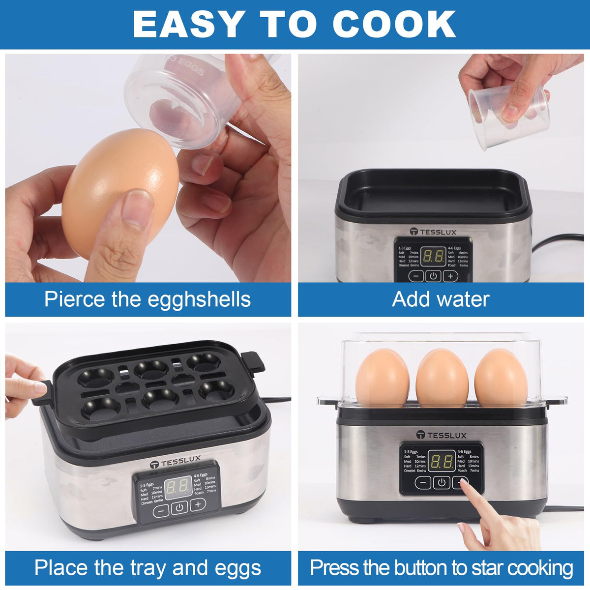 Tesslux egg cooker easy-clean removable-parts simplify post-cook cleanup.
