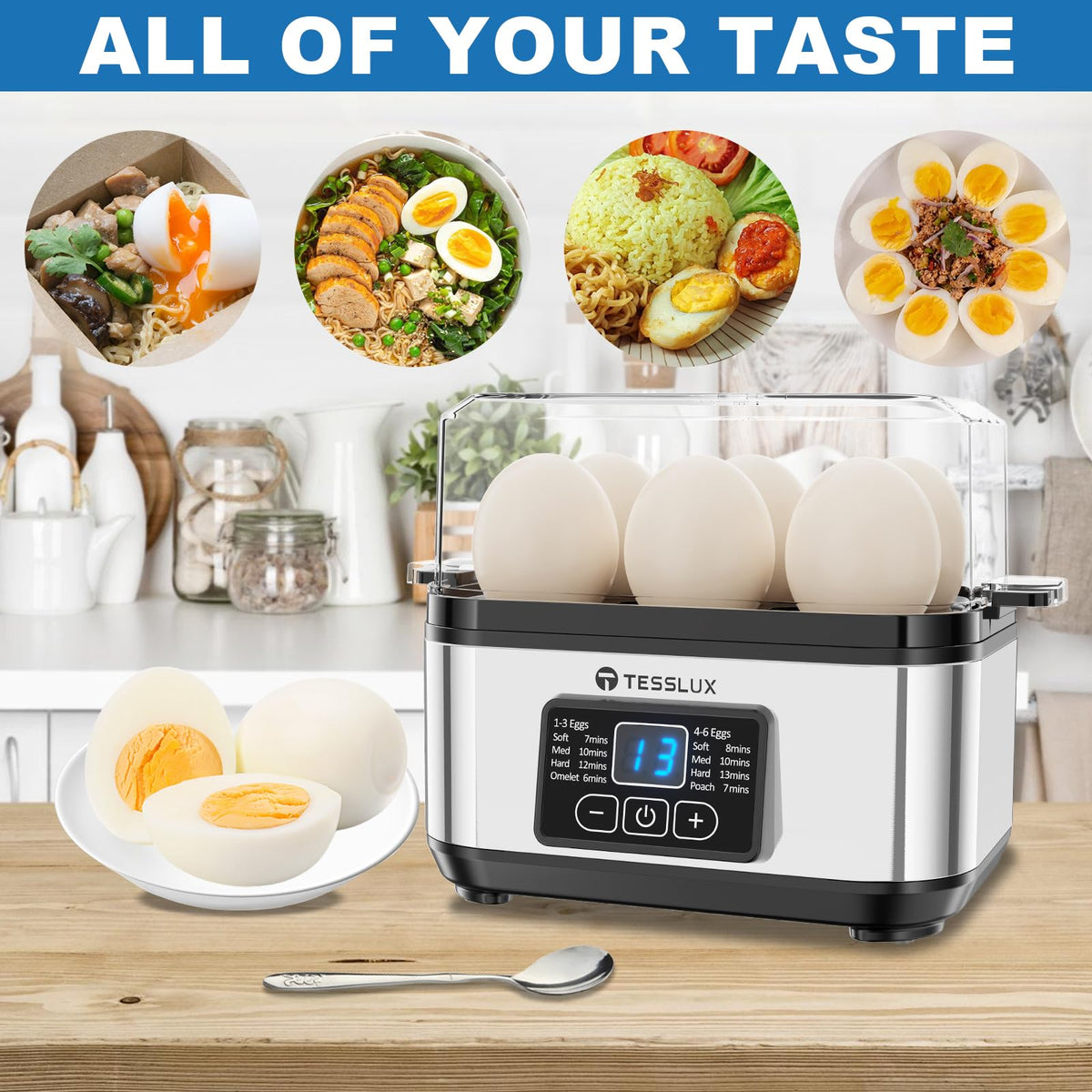Tesslux egg cooker fingerprint-resistant housing keeps surfaces cleaner.