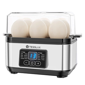 Tesslux egg cooker front view highlighting compact design for small kitchens.