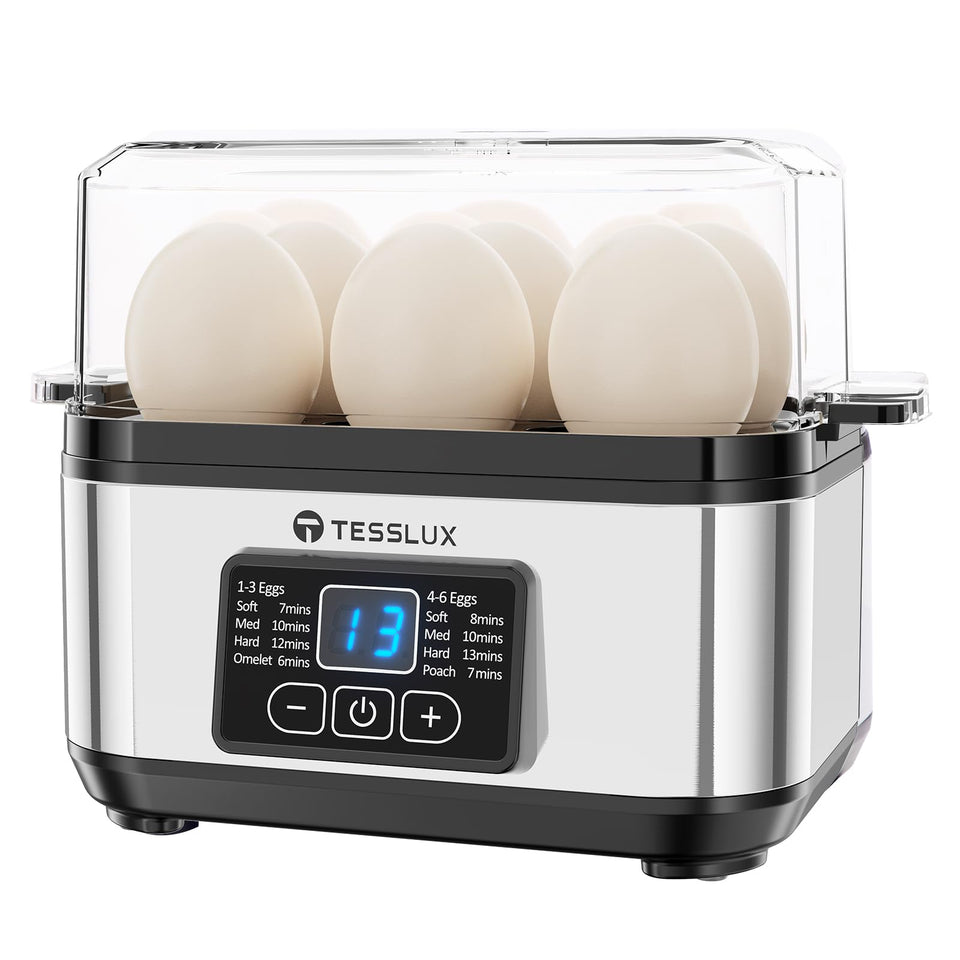 Tesslux egg cooker front view highlighting compact design for small kitchens.