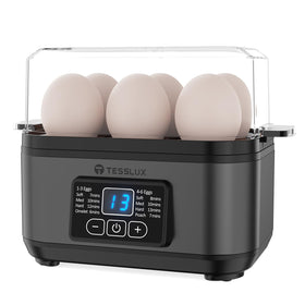 Tesslux egg cooker front view, showcasing a compact kitchen-friendly design.