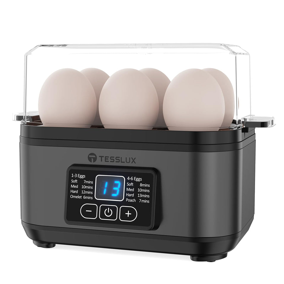 Tesslux egg cooker front view, showcasing a compact kitchen-friendly design.