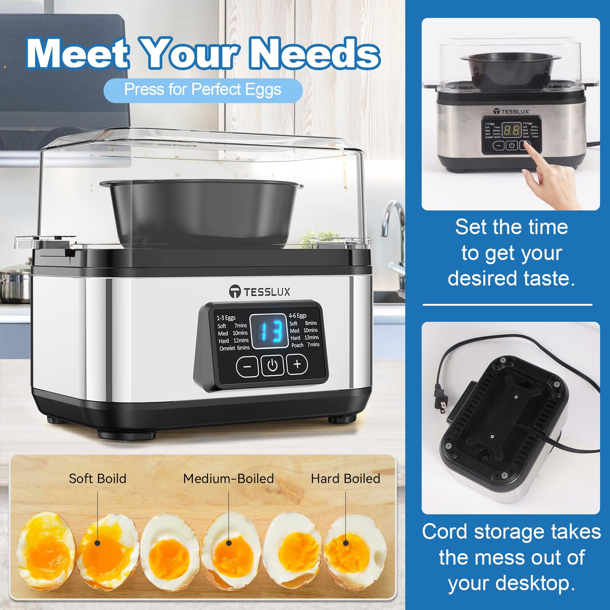 Tesslux egg cooker six-egg capacity for family breakfasts and meal prep.