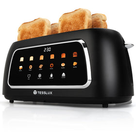 Tesslux four slice toaster with touchscreen, front view in black for a modern kitchen