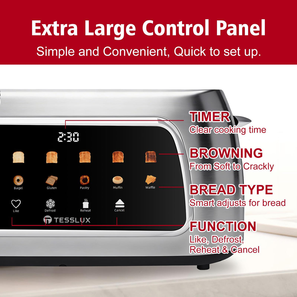 Tesslux toaster offers six browning levels and six bread types for versatile toasting.