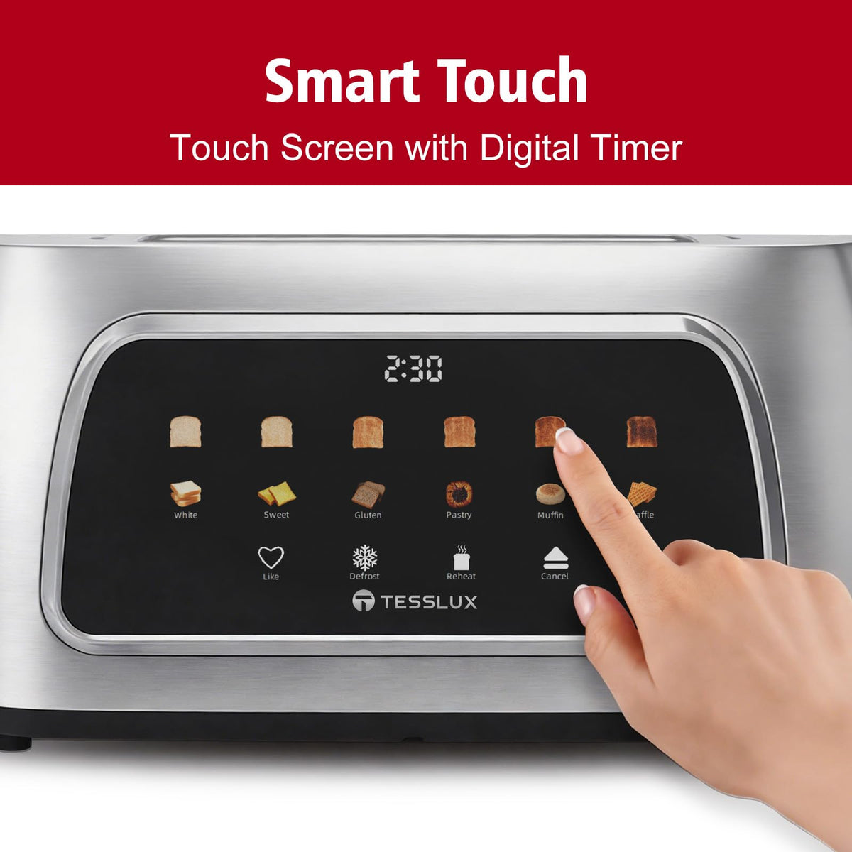 Defrost and reheat functions streamline breakfast prep with the Tesslux toaster.