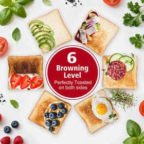 Removable crumb tray enables quick cleanup after breakfast.