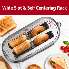 Sleek silvery finish adds a modern touch to any kitchen with the Tesslux toaster.