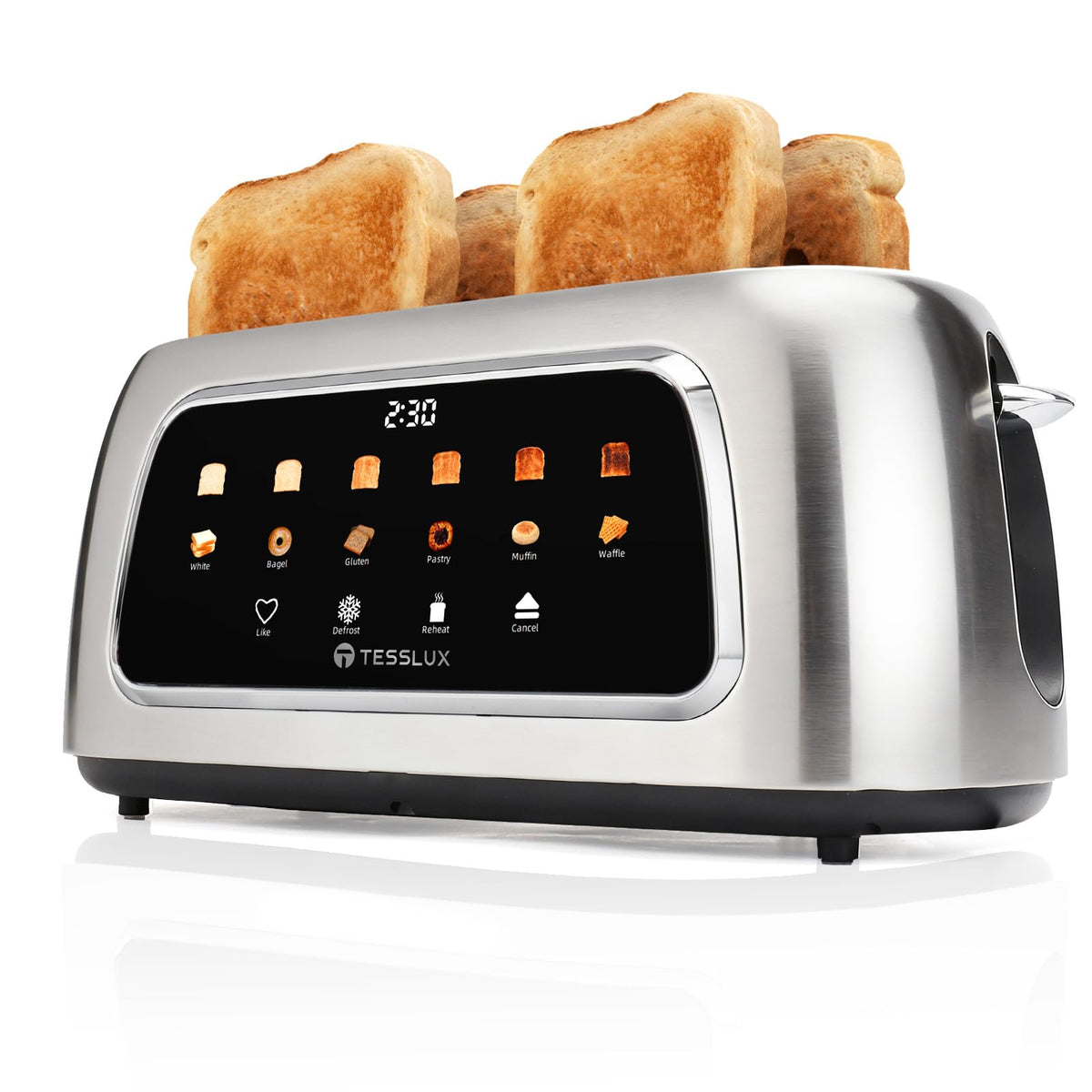 Tesslux toaster touchscreen display guides precise toast timing for a perfect morning.