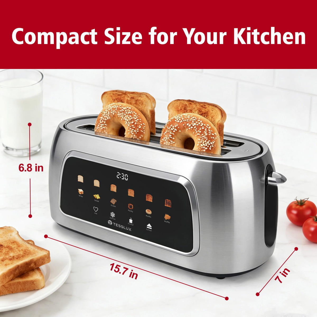 The Tesslux toaster with 1.5 inch wide slots fits thick loaves for even browning.