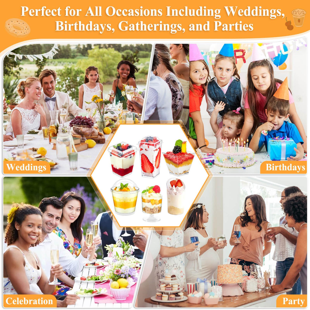 Tetutor party cups suit puddings, fruit, and ice cream displays.