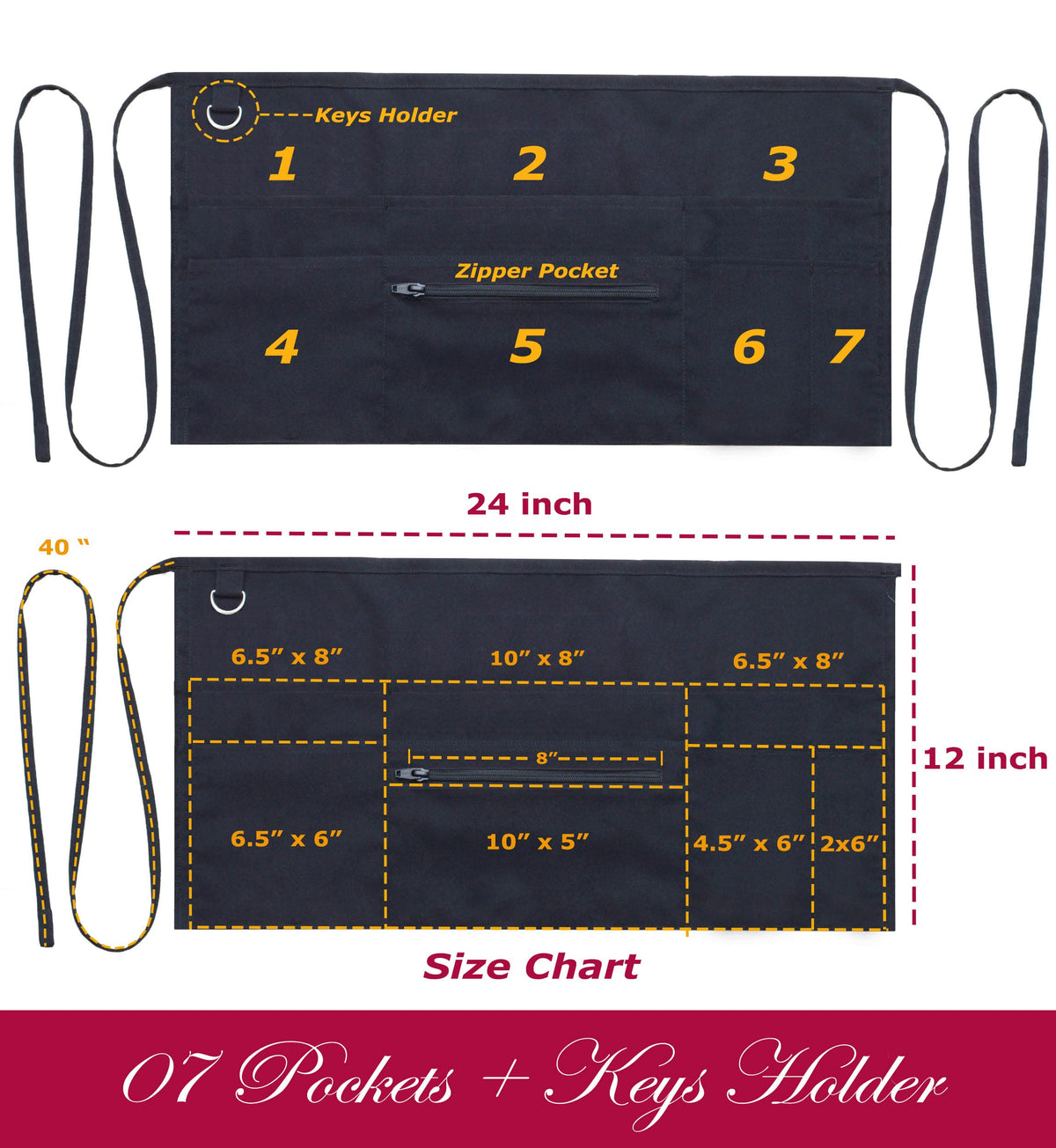TEXVIDA black server apron highlights seven pockets for quick tool access.