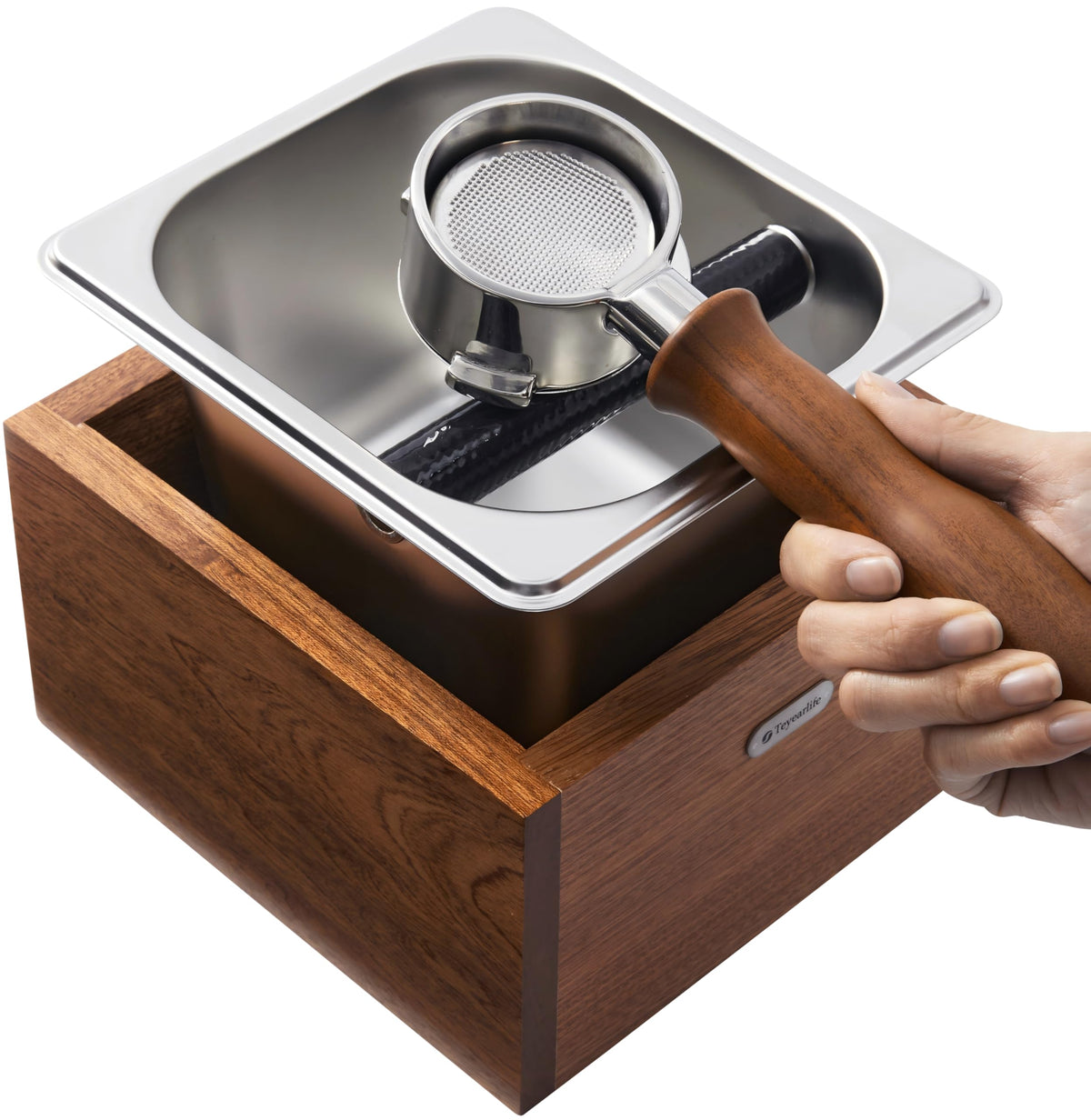 Teyearlife coffee knock box with wood and stainless design for durability and aesthetics