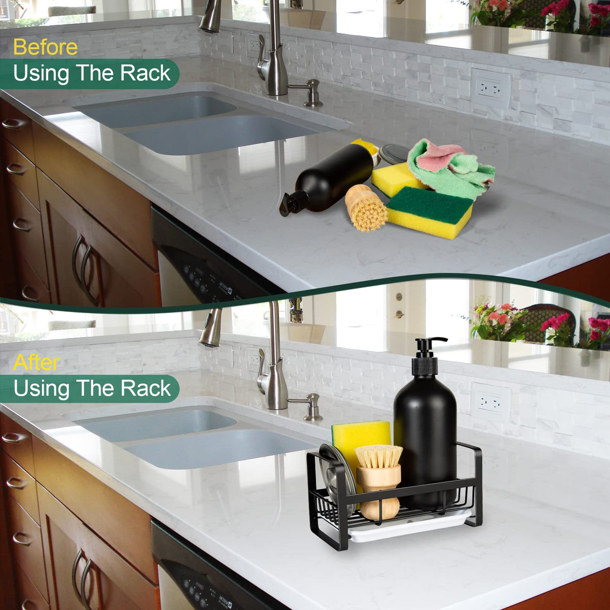 TEZZ sponge and brush storage keeps countertops tidy and accessible.