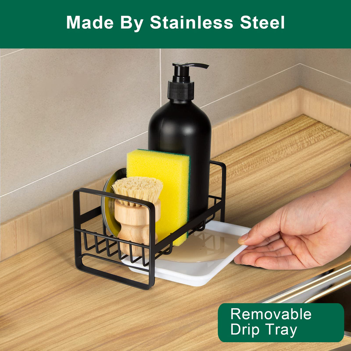 TEZZ stainless steel kitchen organizer highlights durable rust-resistant design.