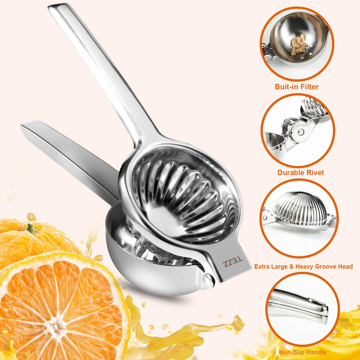 TEZZ lemon-squeezer easy-clean surface simplifies post-use cleanup.