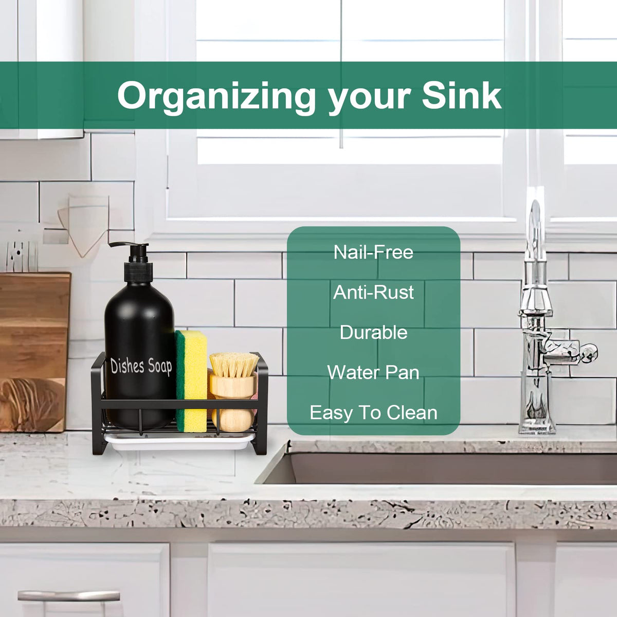 TEZZ sink caddy with removable drip tray enables quick water drainage.