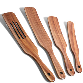 TEZZ Spurtle Set in natural acacia wood close-up, highlighting durable, food-safe construction.
