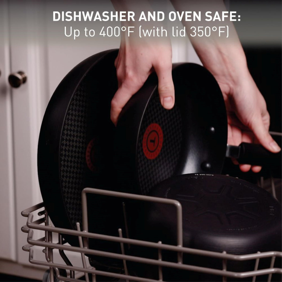 T-Fal dishwasher-safe care shot illustrating easy cleaning after cooking.