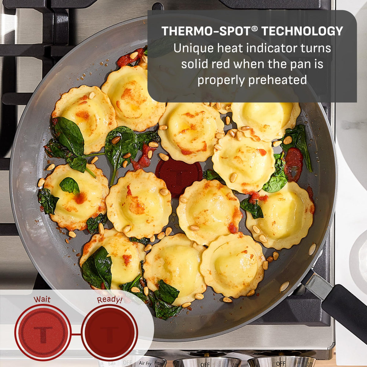 T-Fal even heat base ensures uniform cooking across all pans.