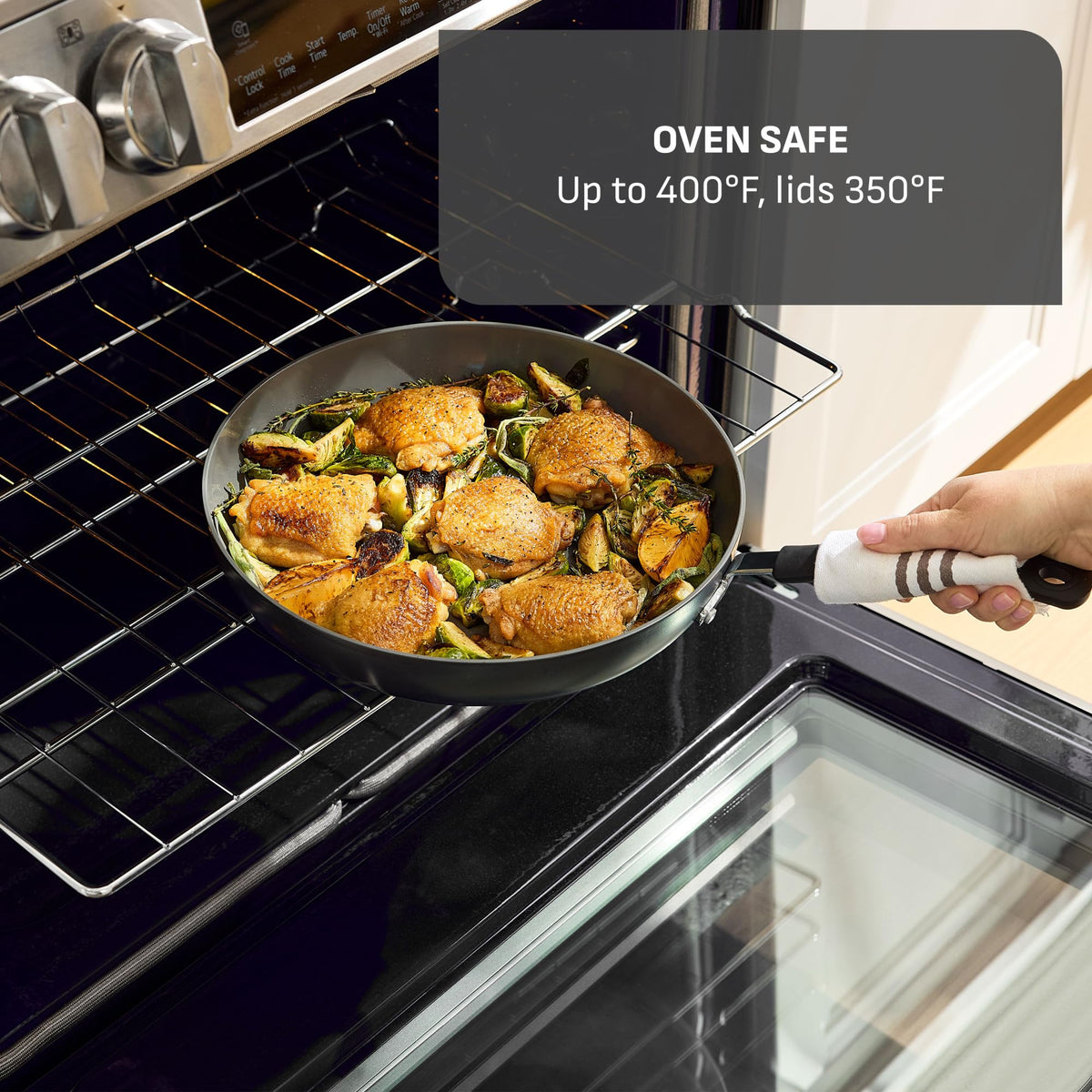 T-Fal glass lids trap heat while keeping food visible during cooking.