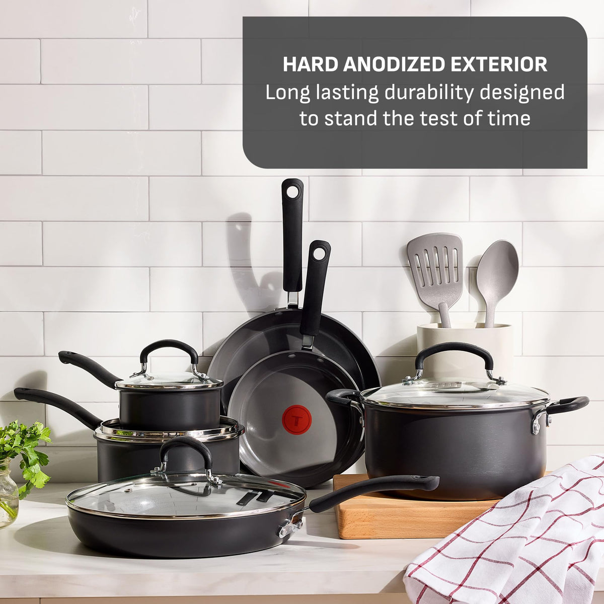 T-Fal hard anodized exterior emphasizes lasting durability for daily use.