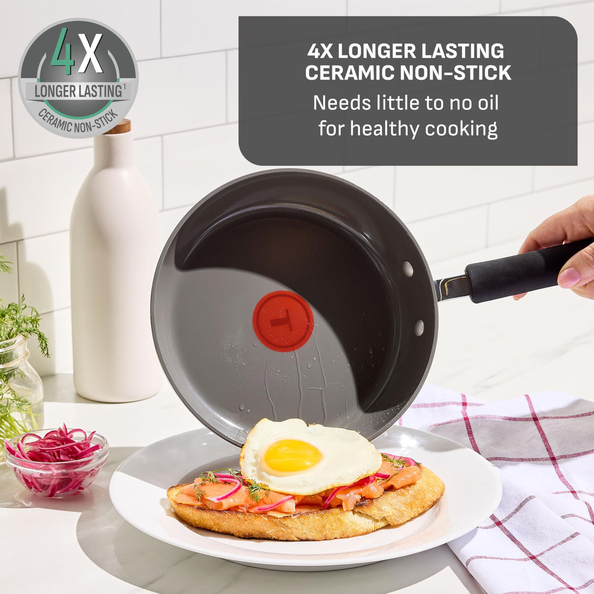 T-Fal InoCeram Glide ceramic nonstick coating enables easy food release.