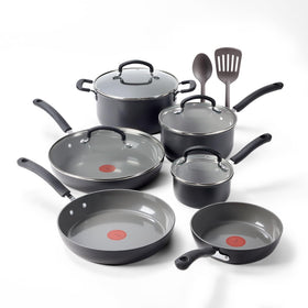 T-Fal Ultimate Hard Anodized 12-Piece Set on a kitchen counter, designed for everyday cooking.