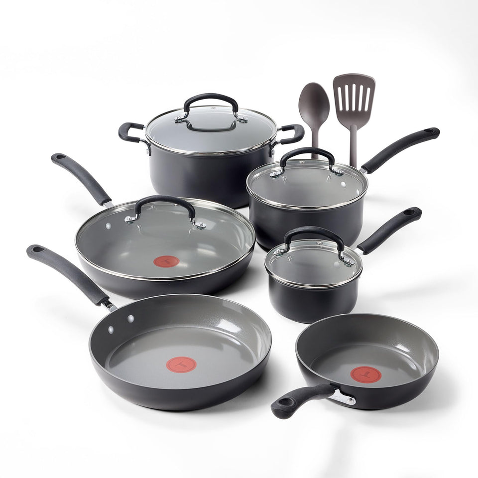 T-Fal Ultimate Hard Anodized 12-Piece Set on a kitchen counter, designed for everyday cooking.
