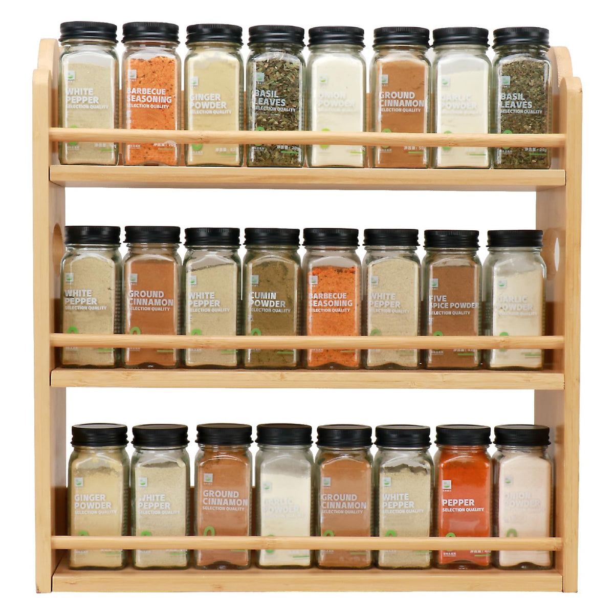 Thalomely 3-tier bamboo spice rack front view showing compact, space-saving design for counters.