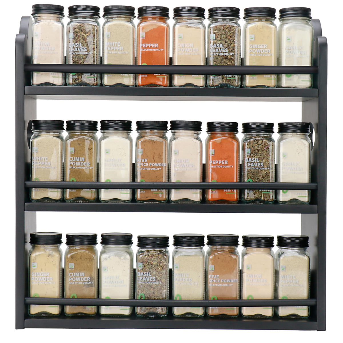 Thalomely 3-tier bamboo spice rack front view showing compact storage benefits.