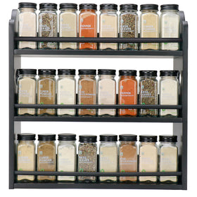 Thalomely 3-tier bamboo spice rack front view showing compact storage benefits.