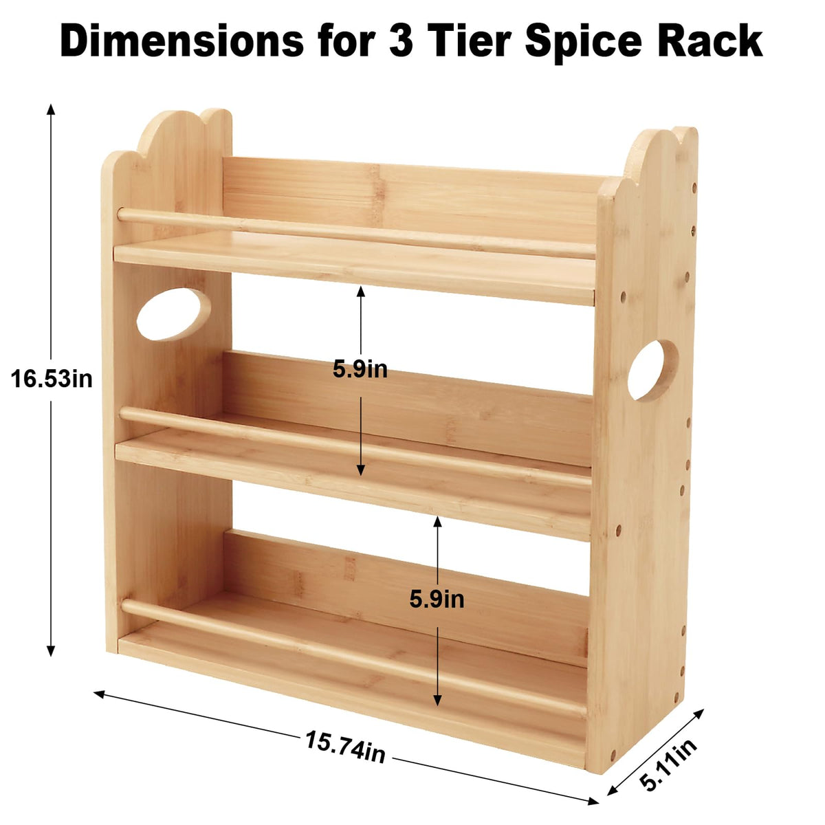 Thalomely 3-tier rack side view highlighting sturdy bamboo construction and organized spice storage.