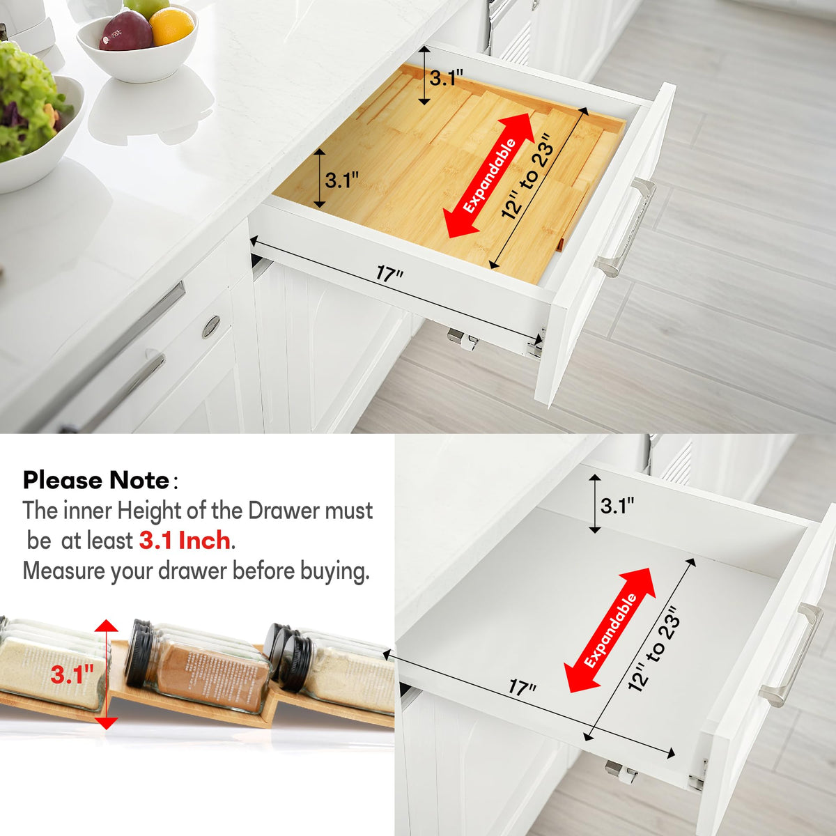 Thalomely bamboo spice drawer interior holds up to 48 jars.