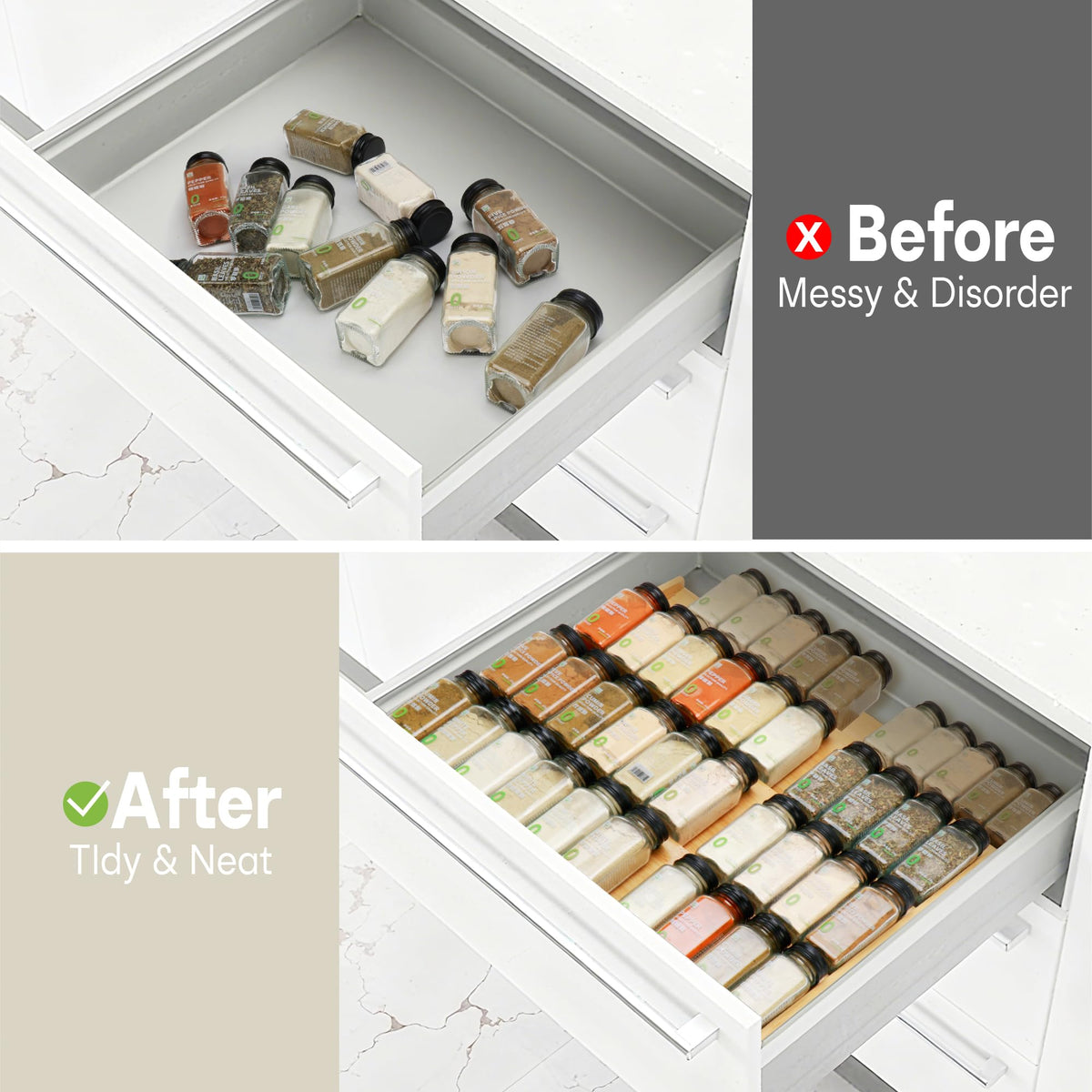 Thalomely spice drawer surface resists moisture and cleans with a wipe.