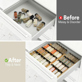 Thalomely spice drawer surface resists moisture and cleans with a wipe.